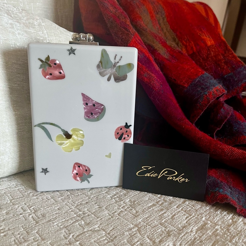 Edie Parker Grey Clutch with Fruit and Butterfly Design